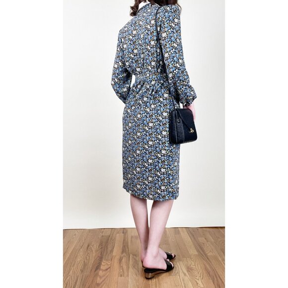 Vintage Floral Peter Pan Collar Midi Dress Long Sleeve Preppy Cottagecore French - Picture 3 of 7